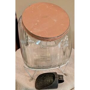Antique Glass Jar Canister w/ Tin Lid & Scoop & Wire Stand Sellers Hoosier  S